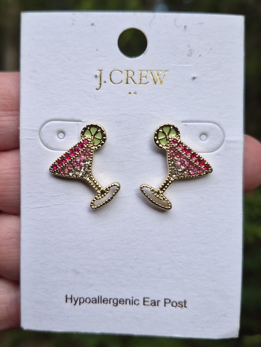 J Crew Martini Glass Pink Rhinestone Enamel Lime Pierced Post Stud Earrings NWT